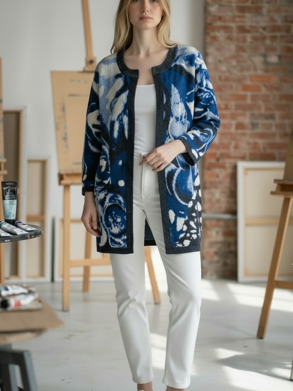 Blue and White Travelers Abstract Open Jacket size 2 (large or 12-14) - Picture 1 of 8
